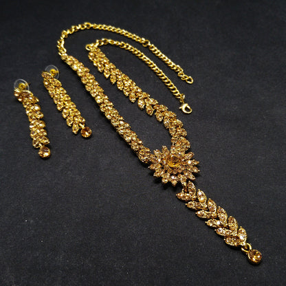 Light Topaz Rhinestone Necklace Post Earrings Set, Gold Plated, 1990s Vintage Jewelry