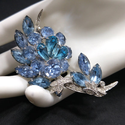 Eisenberg Ice Blue Rhinestone Brooch, Rhodium Plated, 1960s Vintage Jewelry