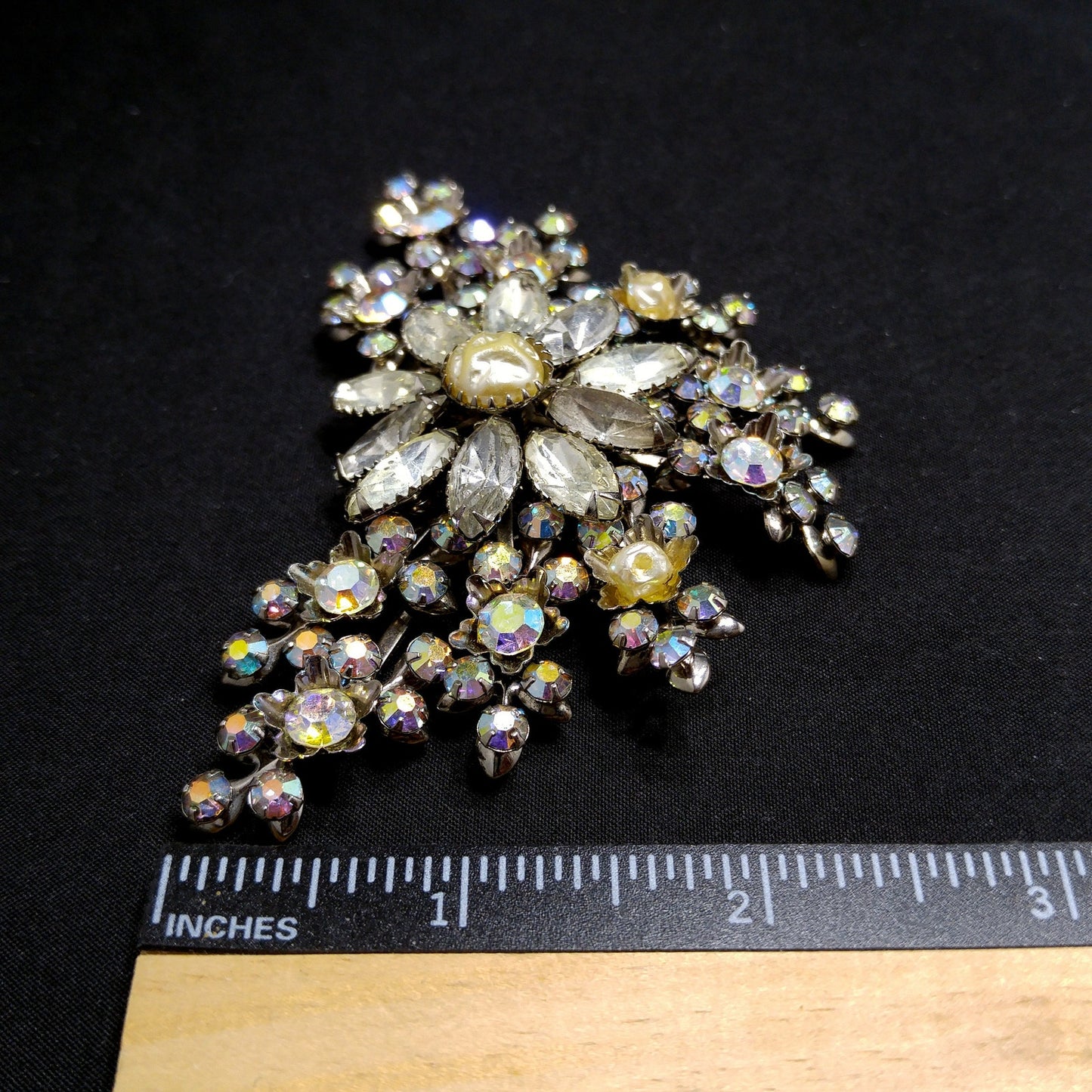 Judy Lee Signed Large Floral Brooch Rhinestone Faux Pearl AB Silver Tone 1950s