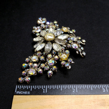 Judy Lee Signed Large Floral Brooch Rhinestone Faux Pearl AB Silver Tone 1950s