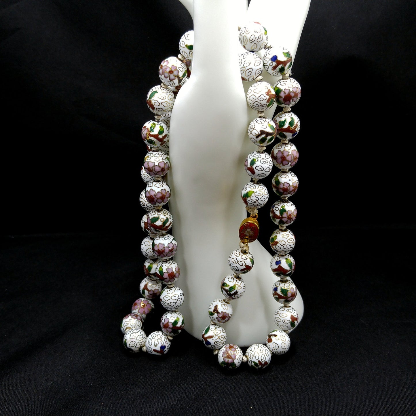 Vintage Cloisonne Beaded Necklace, Hand Knotted, Hand Painted Floral Beads, 1960s Vintage Jewelry