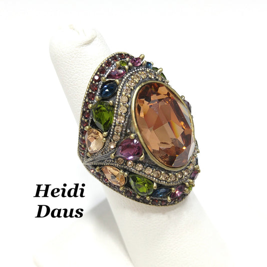 Heidi Daus Statement Ring, Size 6, Light Topaz & Multicolor Rhinestones, 1990s Vintage Jewelry