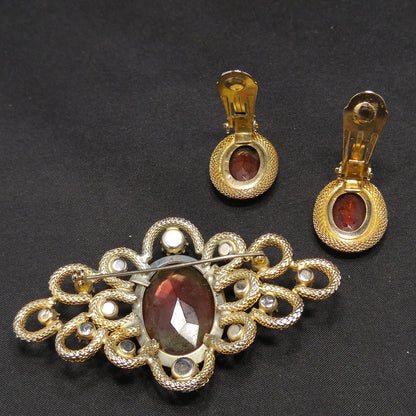 Vintage Gold Pink Large Glass Brooch Earrings Set, Gold Plated, 1960s Vintage Jewelry