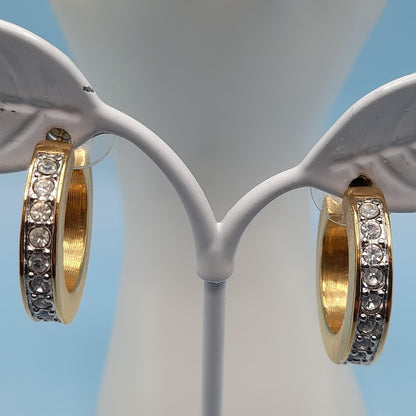 Vintage Swarovski Rhinestone Hinged Bracelet Hoop Post Earrings Set, Gold Plated, Swan Logo