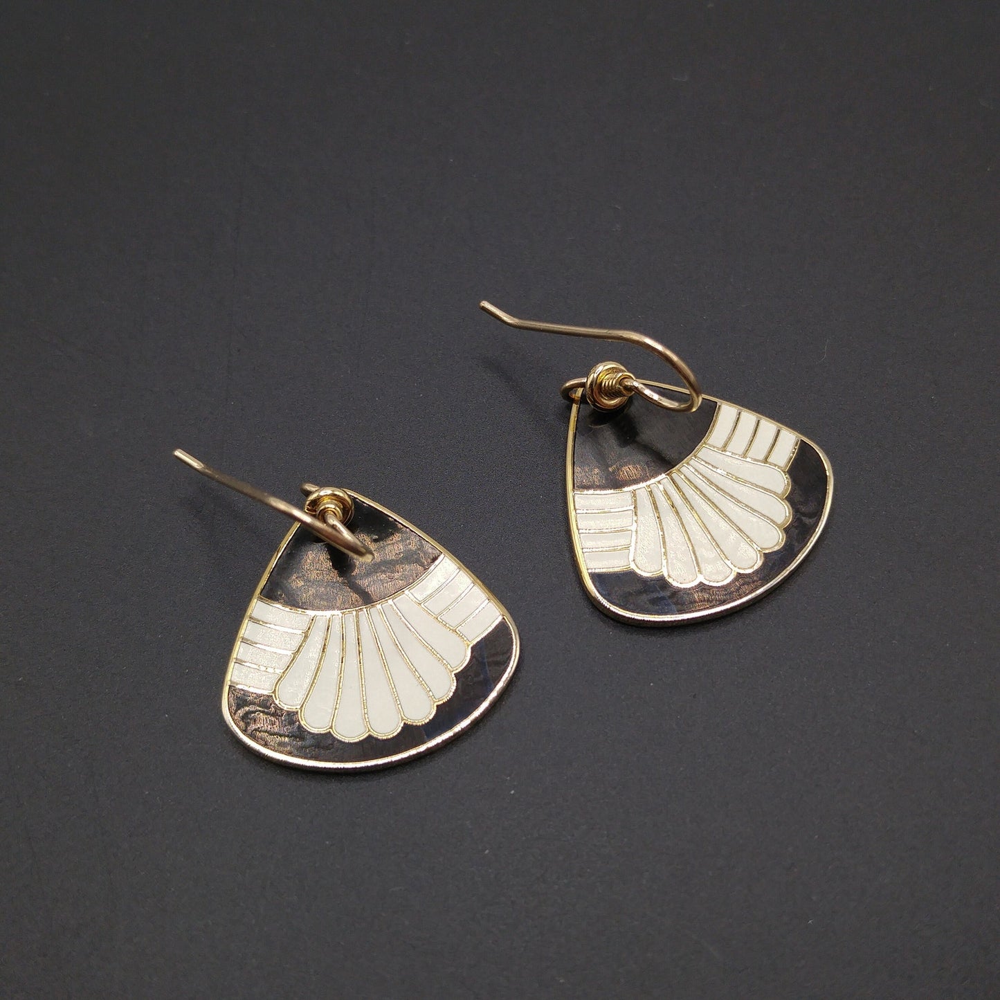 Vintage Laurel Burch "Waterfall" Drop Earrings, Black White Enamel, Gold Plated