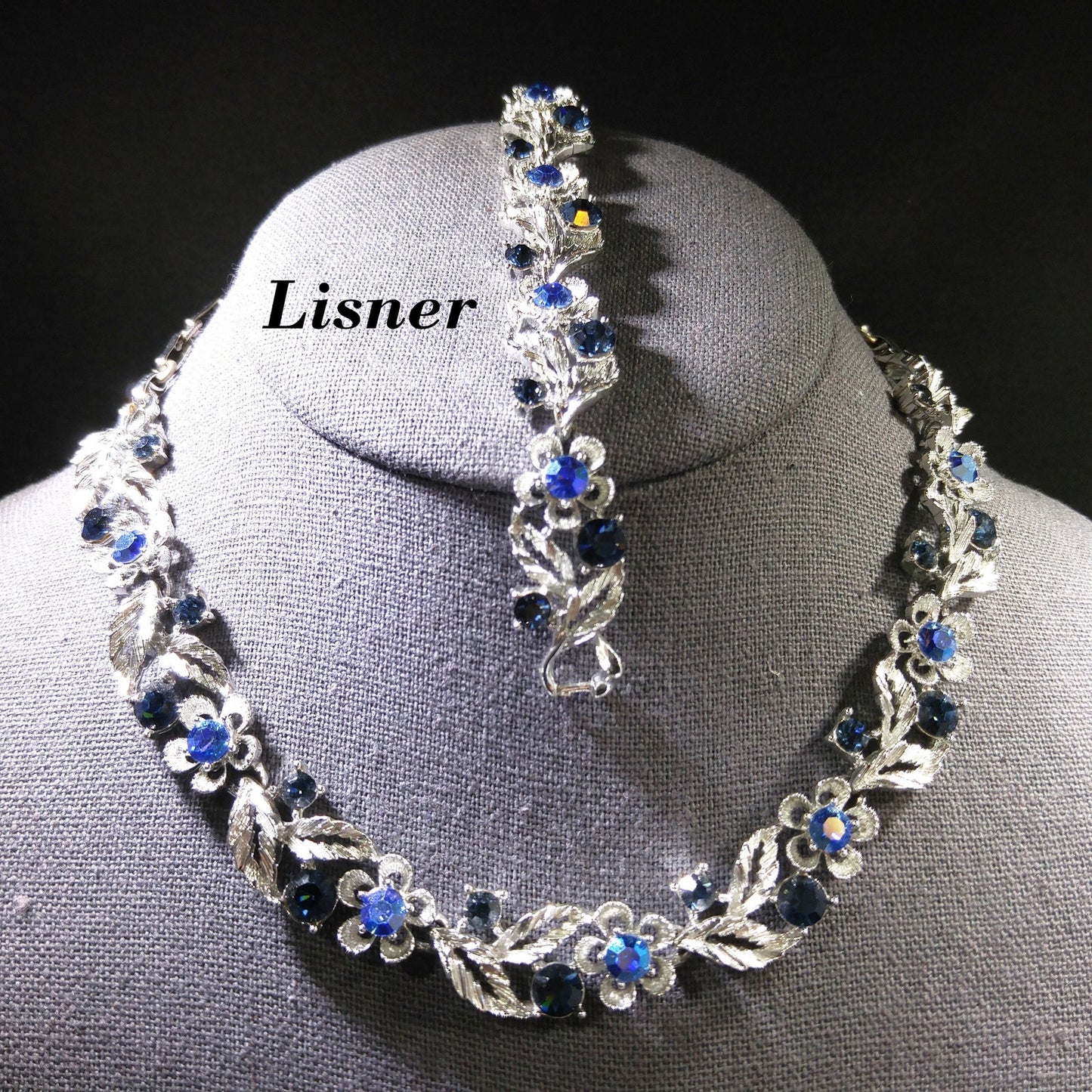 Lisner Blue Necklace & Bracelet Set, Rhodium Plated, Aurora Borealis, 1960s Vintage Jewelry