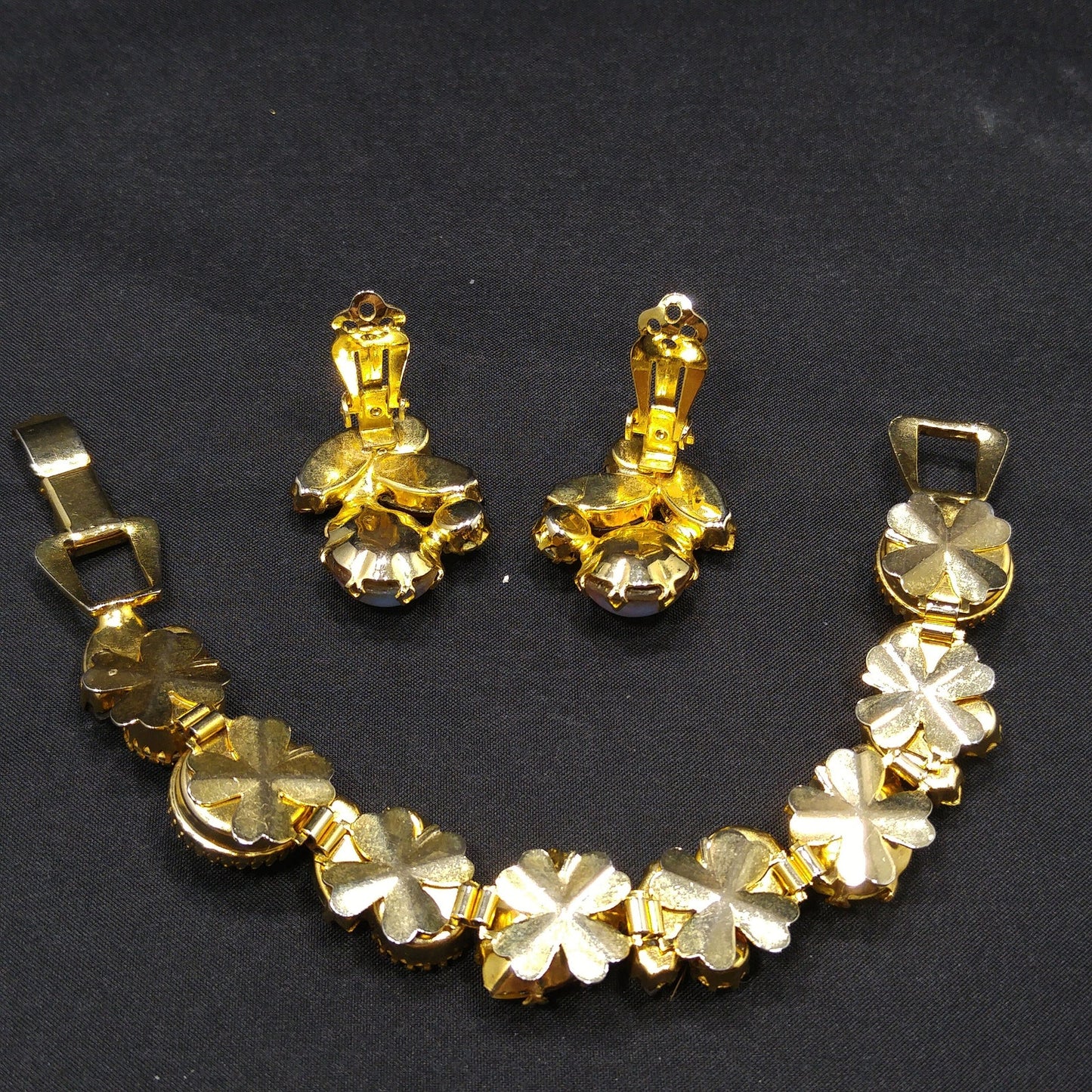 Gold Foil Faux Opal Rhinestone Bracelet & Earrings, Light Topaz Jonquil Rhinestones, 1960s Vintage Jewelry