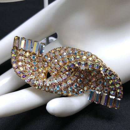 Mid-century Modern AB Rhinestone Brooch Earrings, Gold Plated, 1960s Vintage Jewelry