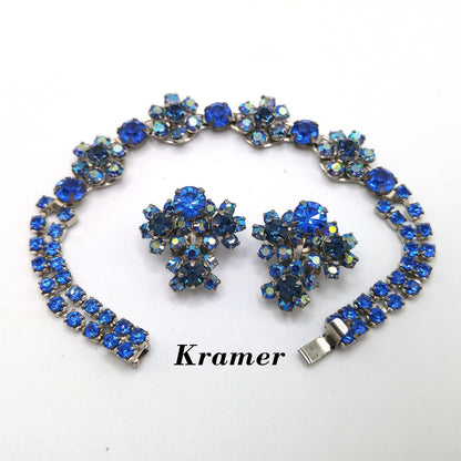 Kramer AB Blue Bracelet Clip Earrings Set, Aurora Borealis, 1960s Vintage Jewelry
