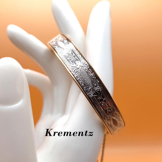 Krementz Hinged Bangle Bracelet, Rolled Gold Overlay, Two Toned, Safety Chain, 1950s Vintage Jewelry