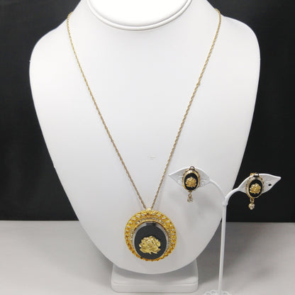 Celebrity Gold Rose Black Glass Brooch & Pendant, Matching Clip Earrings, 1970s Vintage Jewelry