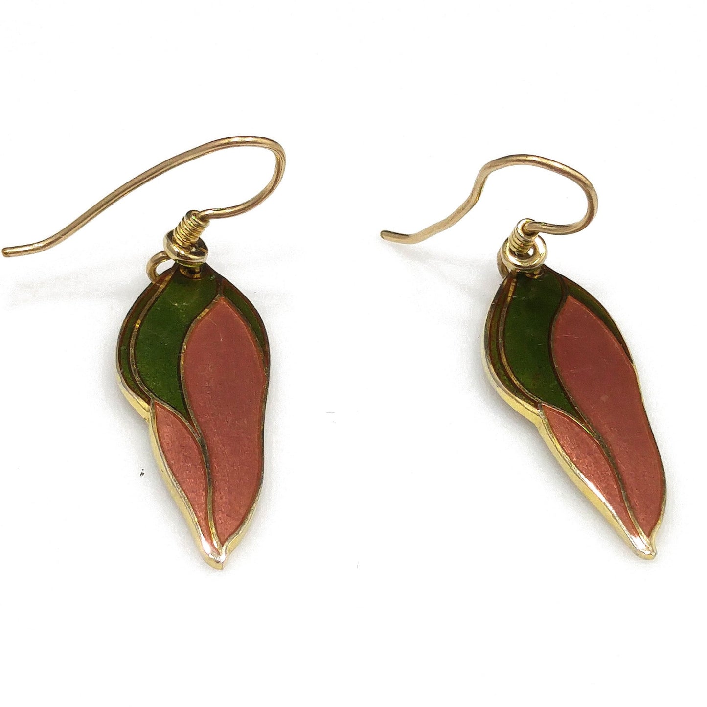 Laurel Burch "Barbee's Blossom" Earrings, Green & Dusty Pink, Gold Plated, 1980s