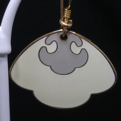 Vintage Laurel Burch Cream Scalloped Fan Earrings, Cream & Gray, Gold Plated