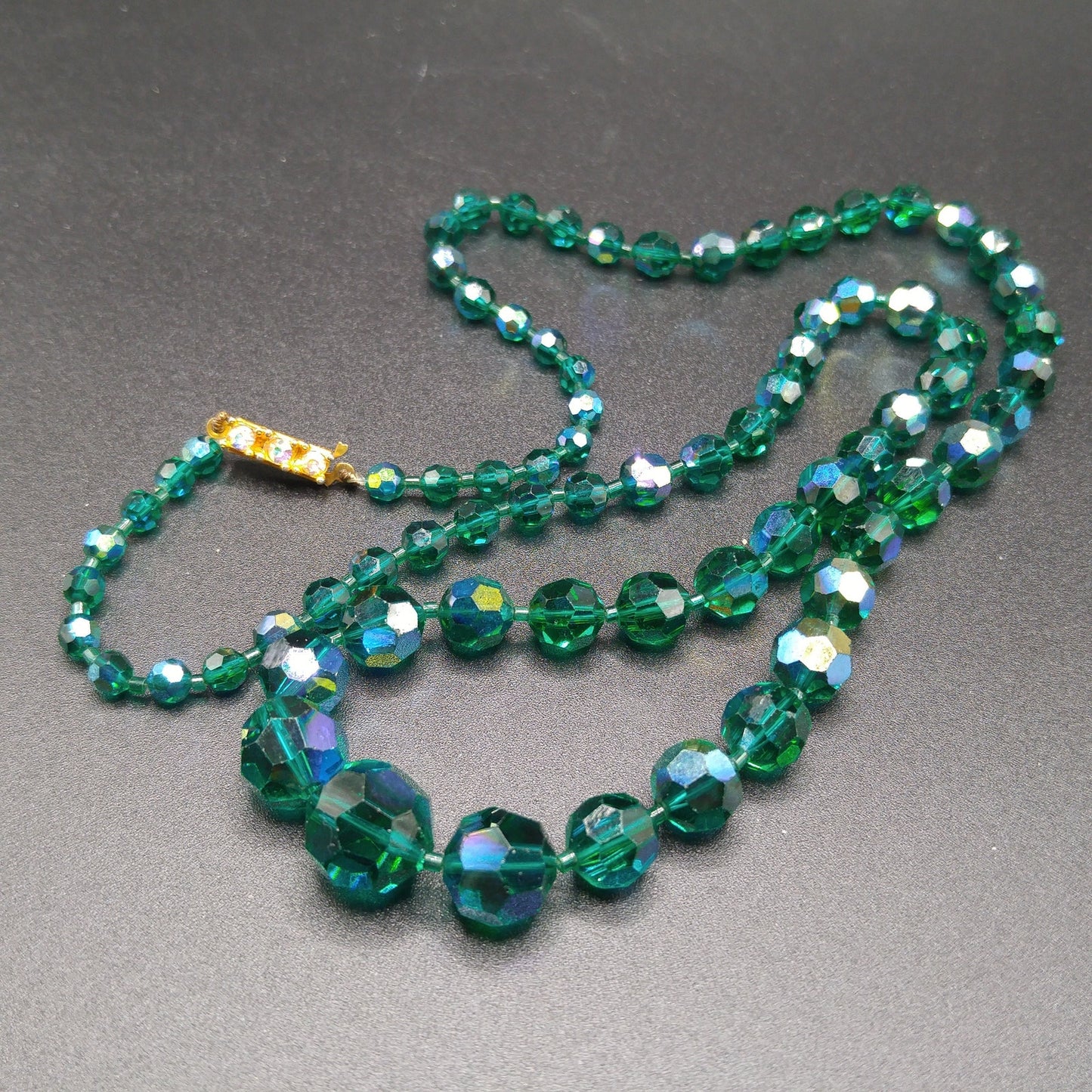 Dark Green Crystal Necklace, Aurora Borealis, Rhinestone Clasp, 1960s Vintage Jewelry