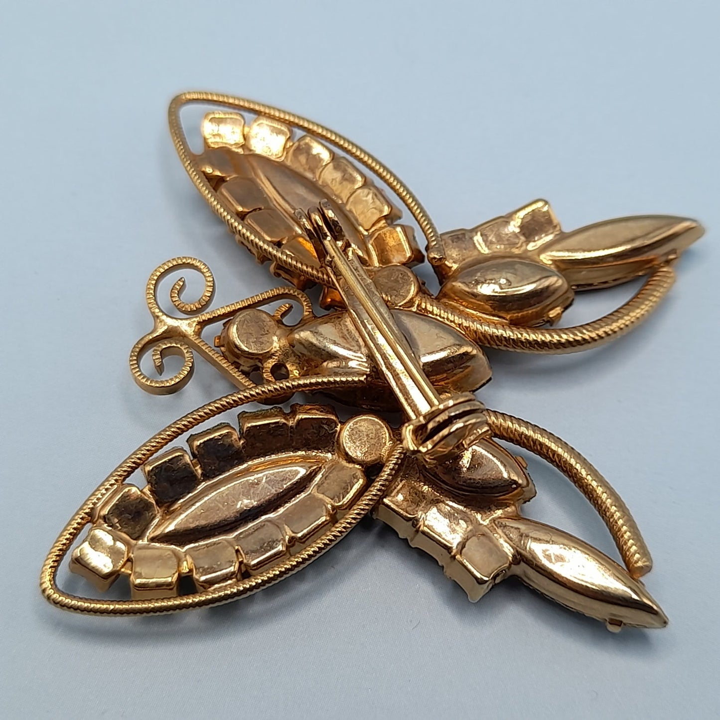 Vintage Butterfly Brooch Topaz Orange Gold Rhinestones