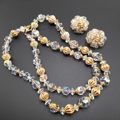 Vintage Crystal Necklace Earrings Set, 1960s, Gold Plated Beads, AB Crystal Beads, 28"