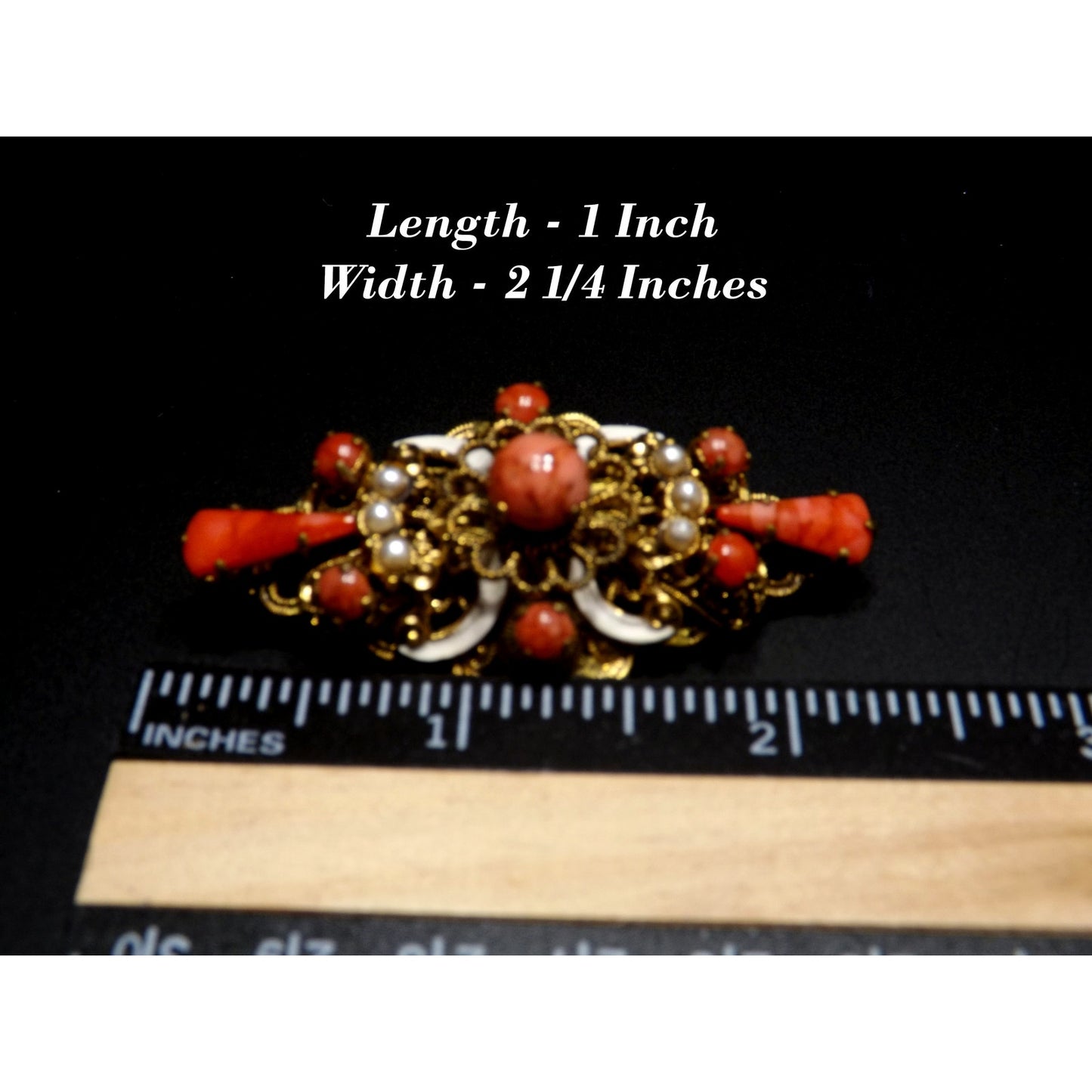 Germany Orange Art Glass Filigree Brooch, Faux Pearls, White Enamel, 1940s Vintage Jewelry