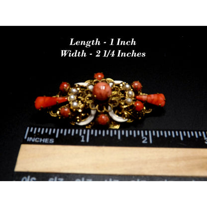 Germany Orange Art Glass Filigree Brooch, Faux Pearls, White Enamel, 1940s Vintage Jewelry