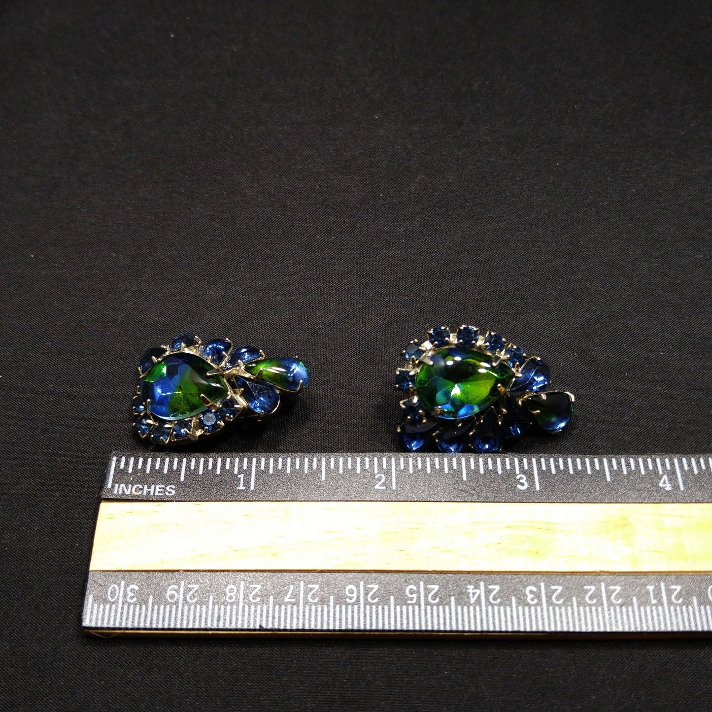 Weiss Blue Green Rhinestone Earrings, Rhodium Plated, 1950s Vintage Jewelry