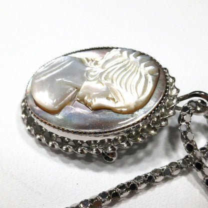 Abalone Shell Cameo Pendant Brooch, 925 Silver Necklace, 1970s Vintage Jewelry