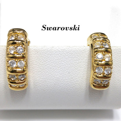 Swarovski Clear Rhinestone Half Hoop Clip On Earrings, Gold Tone, 1990s Vintage