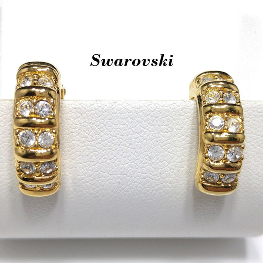 Swarovski Clear Rhinestone Half Hoop Clip On Earrings, Gold Tone, 1990s Vintage