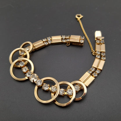 Vintage Sarah Coventry Looped Clear Rhinestone Bracelet – Gold Tone Designer Jewelry