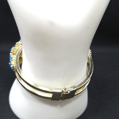 Vintage Blue Aurora Borealis Rhinestone Milk Glass Clamper Bracelet 1960s