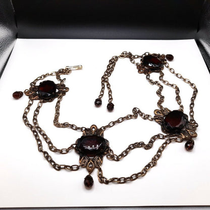 Vintage Hong Kong Boho Chain Belt Brown Glass Stones 32" Filigree 1960s