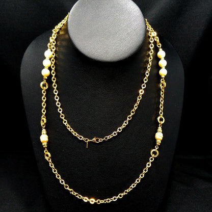 Vintage Monet Long Gold Chain Necklace Faux Pearls 1970s Sister Clasp 36"