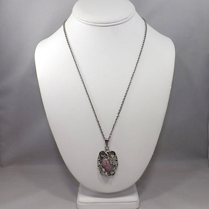 Vintage Whiting & Davis Pendant Necklace Easter Egg Glass Cabochon Silver Tone Floral Frame Vintage Jewelry