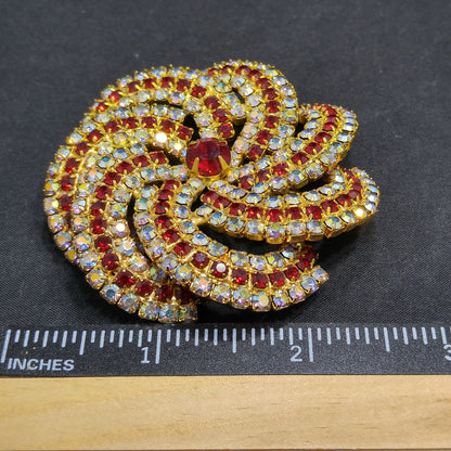Vintage Pinwheel Rhinestones Brooch, AB Clear Red Rhinestones, Gold Plated, 1960s