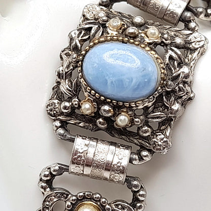 Vintage Blue Lucite Book Chain Bracelet, Faux Pearls, Silver Tone, 1950s, 7 3/4"