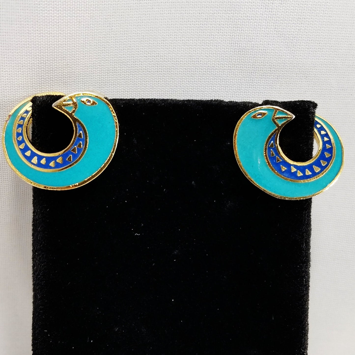 Vintage Laurel Burch "Celine" Bird Earrings, Gold Plated Cloisonne &Enamel, 1980