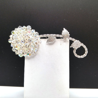 Vintage Austrian Crystal Flower Brooch, Aurora Borealis, Rhodium Plated Stem Leaves, 1960s Vintage Jewelry