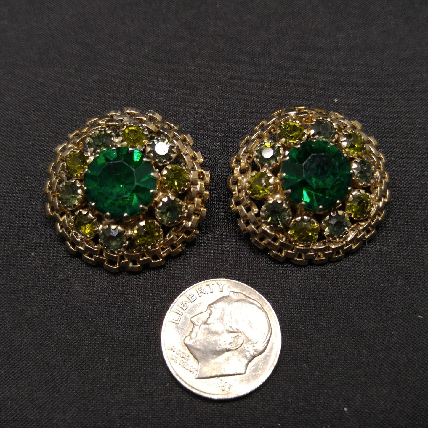 Weiss Emerald Green Rhinestone Earrings, Peridot Rhinestones, 1950s Vintage