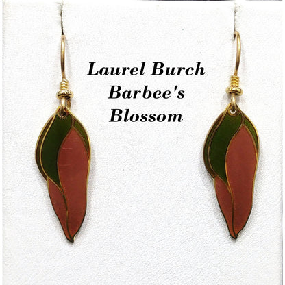 Laurel Burch "Barbee's Blossom" Earrings, Green & Dusty Pink, Gold Plated, 1980s