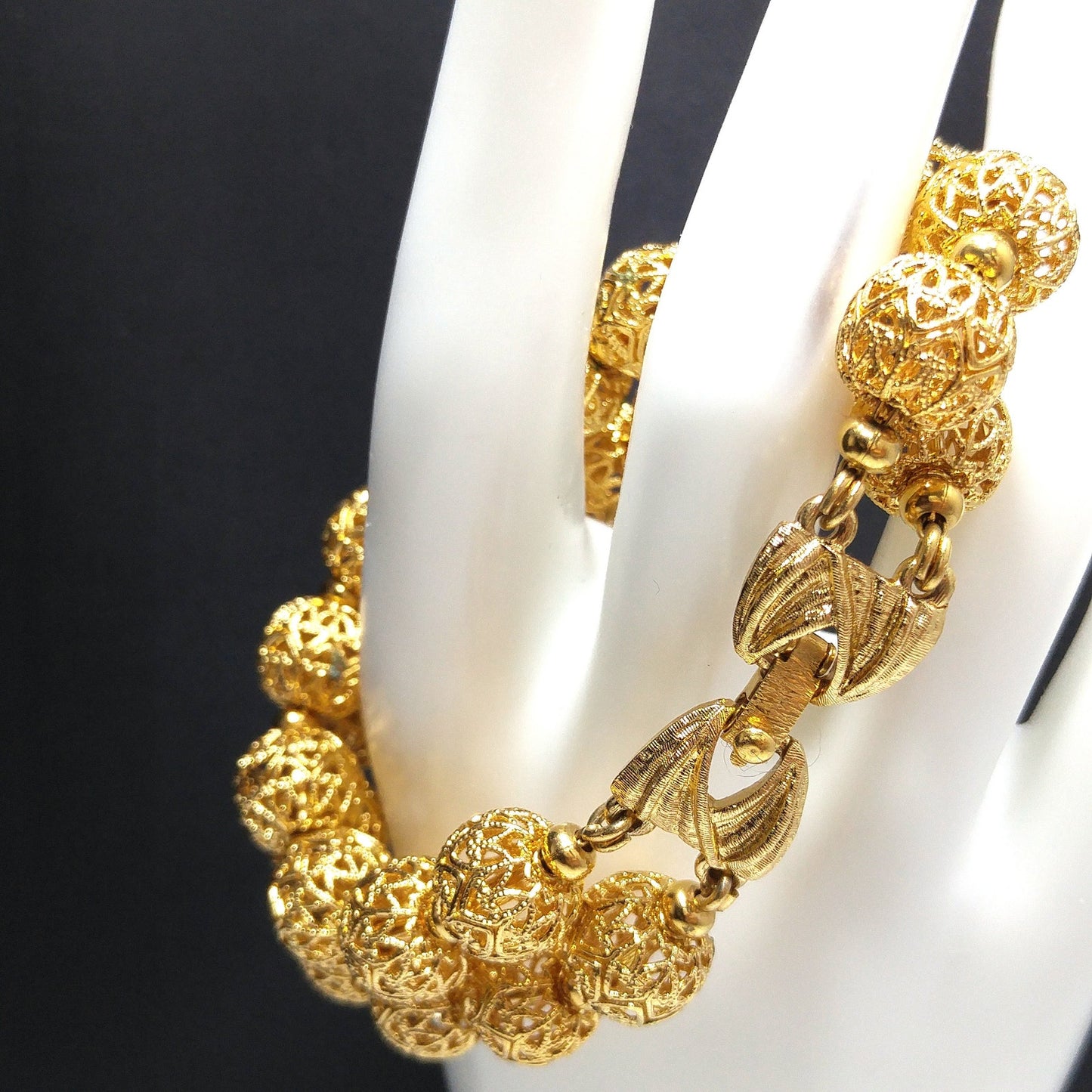Monet Filigree Beaded Two Strand Bracelet, Gold Plated, Strung on Chain, 1960s Vintage Jewelry