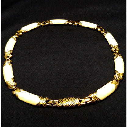 Monet Cream Enamel Link Necklace, Gold Plated, 1980s Vintage Jewelry