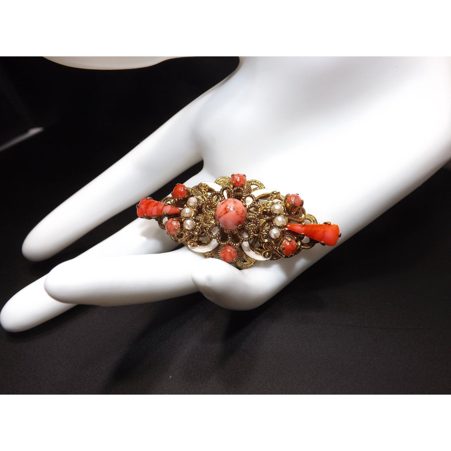 Germany Orange Art Glass Filigree Brooch, Faux Pearls, White Enamel, 1940s Vintage Jewelry