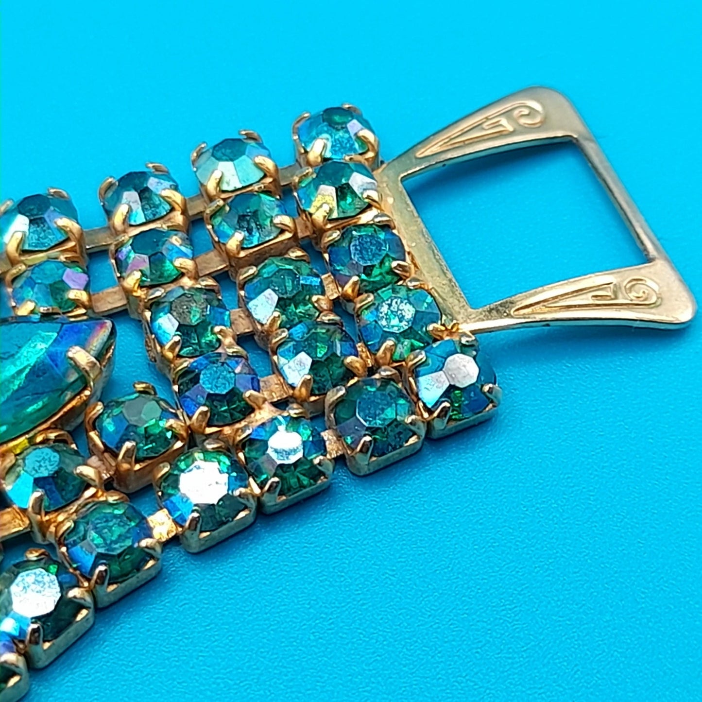 Green Blue Aurora Borealis Rhinestone Bracelet, Gold Plated, 1960s Vintage Jewelry
