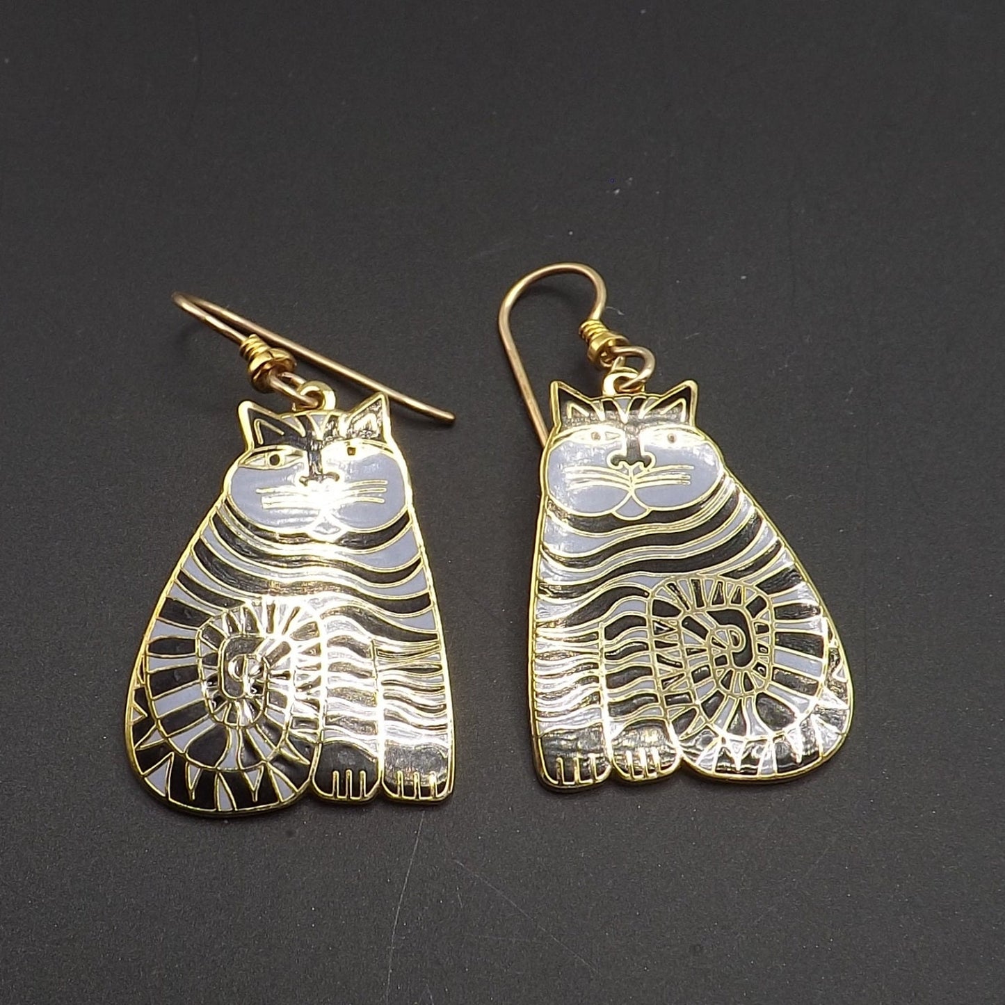 Laurel Burch Shambala Cat Earrings, Black Lavender Enamel, Gold Plated, 1980s Vintage Jewelry