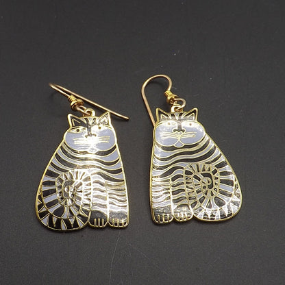 Laurel Burch Shambala Cat Earrings, Black Lavender Enamel, Gold Plated, 1980s Vintage Jewelry