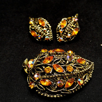 Light Topaz AB Rhinestone Leaves Brooch Earrings Set, 1970s Vintage Jewelry