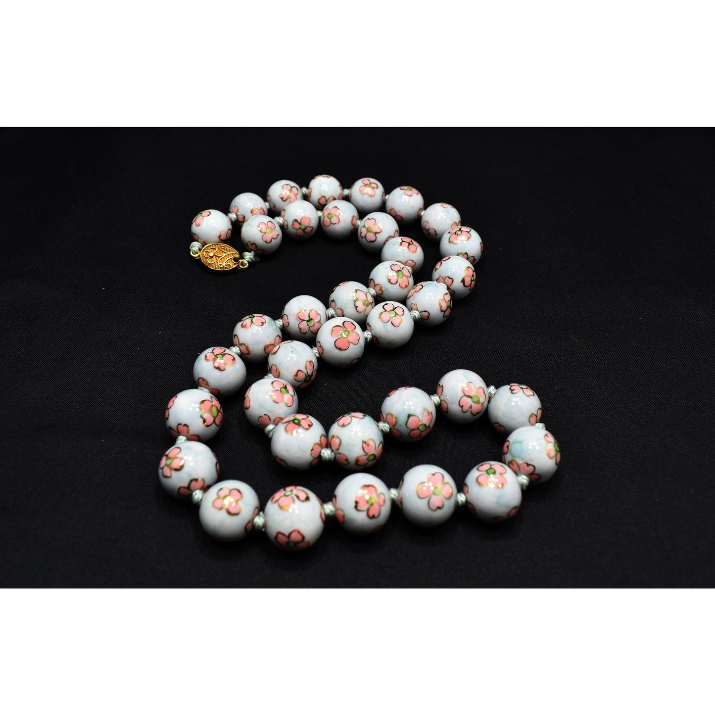 Vintage Chinese Hand Knotted Beaded Necklace, Hand Painted Pink Flowers