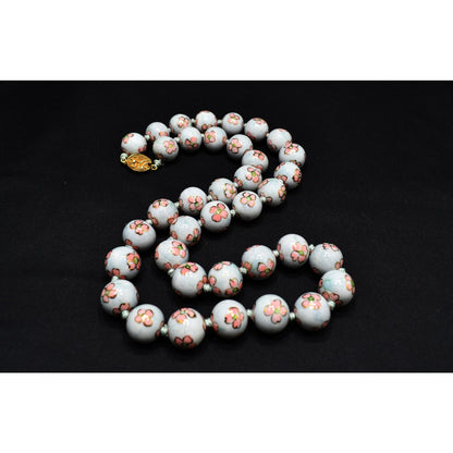 Vintage Chinese Hand Knotted Beaded Necklace, Hand Painted Pink Flowers