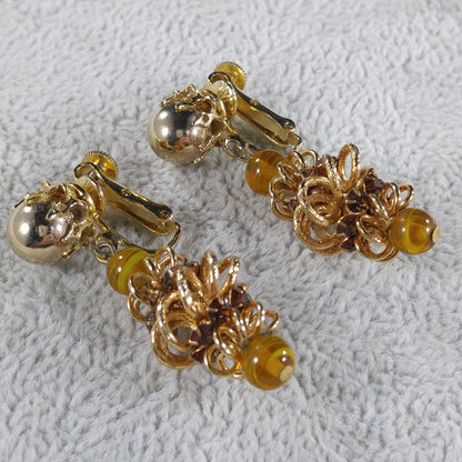 Vendome Topaz Rhinestone Drop Clip Earrings, Gold Plated, 1960s Vintage Jewelry