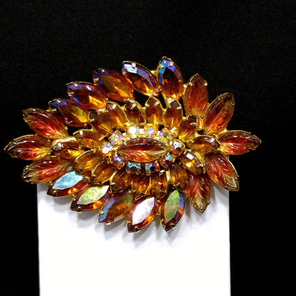 Topaz Rhinestone Lava Glass Brooch, Gold Plated, 1960s Vintage Jewelry