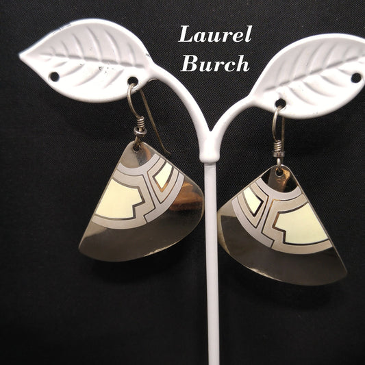 Vintage Laurel Burch  Fan Earrings, Rhodium Plated, White Purple Grey Enamel