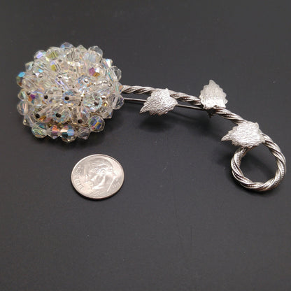 Vintage Austrian Crystal Flower Brooch, Aurora Borealis, Rhodium Plated Stem Leaves, 1960s Vintage Jewelry